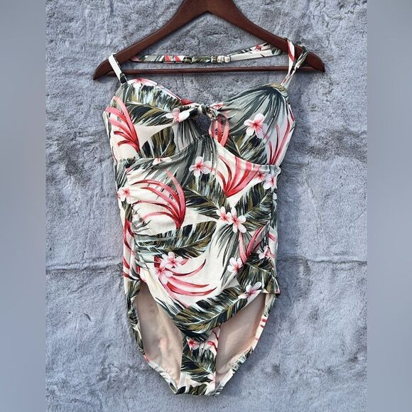Kona Sol tropical swimsuit with gathers on side and built in bra w/ tie Size L - Picture 1 of 8